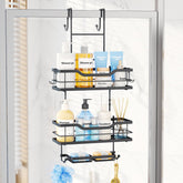 Consumest over-the-door shower caddy with three tiers keeps toiletries organized and dry.