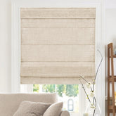 CHICOLOGY cordless roman shade close-up shows textured Belgian flax for refined privacy.
