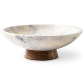 Cork and Mill marble bowl on acacia pedestal, front view for elegant display