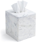 Cork & Mill marble tissue box cover front view showing luxurious white marble and stable base