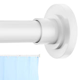 CorkLatta white shower rod extended between walls, adjustable 31–92 inches for a snug fit.