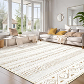 cotiled living room rug with boho pattern provides soft comfort and easy care.