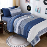 Cottolester twin comforter navy stripes on bed boosts kid-friendly bedroom style