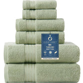 COZYART sage-green bath towel set in spa bathroom, ultra-soft and absorbent.