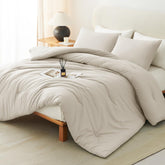CozyLux beige queen comforter set on bed for all-season comfort.