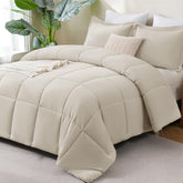 CozyLux CozyQueen beige box stitching keeps fill evenly distributed for lasting comfort.