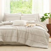 CozyLux queen beige pinch-pleat detail highlights refined texture.