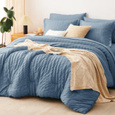CozyLux Queen Comforter Set in grayish blue seersucker -- front view, soft texture.