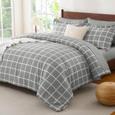 CozyLux queen comforter set in grey plaid close-up shows soft microfiber fabric and quilting