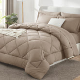 CozyLux queen comforter set in khaki packaging showing vacuum seal.