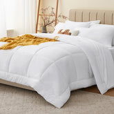 CozyLux queen comforter set white bag showing seven-piece contents for easy styling.