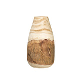 Creative Co-Op carved paulownia vase with live edge on a rustic shelf display