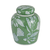 Creative Co-Op decorative ginger jar with green lid enhances mantel display.