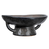 Creative Co-Op stoneware bowl top view with black reactive glaze and sculptural handle