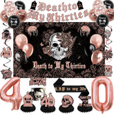 Crenics Death to My Thirties backdrop for dramatic 40th birthday photos.