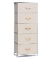 Crestlive vertical dresser with five beige fabric drawers for organized clothing.