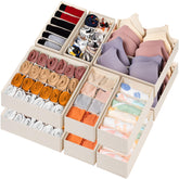Criusia 12-pack drawer organizers neatly divide items in a dresser drawer.
