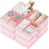 Criusia drawer organizer: 6 large bins in a pink drawer for organized baby clothes.