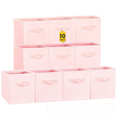 Criusia 11-inch pink storage bin on a shelf with sturdy handles for easy access.