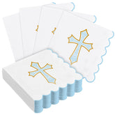 Crtiin blue cross pattern napkins on table setting for baptism