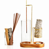 CrysDeco 3-in-1 incense holder top-view with wooden tray for organized rituals.