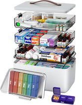 CTIME 4-Tier XL medicine organizer with leather handle for easy portability.