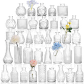 CUCUMI 38-pack clear glass bud vases with vintage etched patterns for elegant centerpieces.