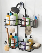 CUETWT shower caddy hanging over showerhead keeps toiletries organized and accessible.