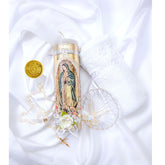 Cuitaxi Virgen Guadalupe baptism candle set shown in a baptism box for sacred ceremony.