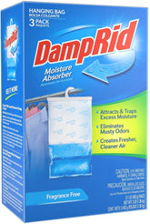DampRid fragrance-free hanging bag 3-pack in a closet absorbs moisture