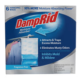 DampRid Fragrance Free Hanging Bag 6-pack dehumidifies closets and eliminates odors.
