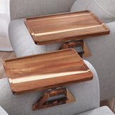 Danfoxer acacia couch arm tray with adjustable fit for secure use on many sofa arms.