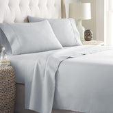 Danjor Linens ice blue queen flat sheet shows breathable, cooling comfort