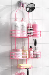 DAOYA Pink 3-Tier Overhead Caddy with soap holder keeps shower items organized