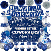 DARUNAXY goodbye banner backdrop enhances office farewell celebrations with bold blue and silver tones.