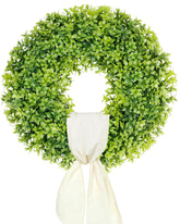 DDHS 19-inch Boxwood Wreath on front door with gradient greens for year-round charm.