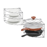 Deco Brothers 3-tier corner organizer stores plates and pans in chrome.