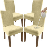 DECOLURE waterproof dining chair cover in beige front view shows a sleek, fitted look
