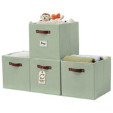 DECOMOMO sage green storage basket with front label holder for easy shelf organization.