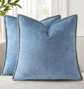 decorUhome chenille blue throw pillow cover on a stylish sofa, 20x20, soft texture.