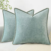 decorUhome Summer Chenille pillow cover 20x20 in Aqua Haze adds cozy farmhouse charm to the sofa.