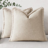 decorUhome summer neutral linen fringe pillow cover adds subtle texture to your sofa.