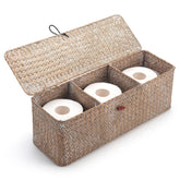 DECRAFTS whitewash seagrass tank basket with lid for organized bathroom essentials and easy reach