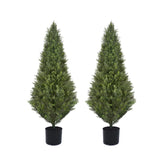 Decwin 4ft cedar topiary trees in black concrete pots, ideal for indoor display.