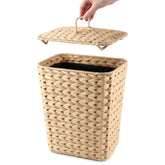 deepredcoast 2.6 gallon wicker trash can with lid in a compact bathroom setting