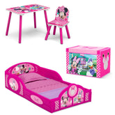 Delta Children Minnie Mouse 4-Piece Set displayed in a pink toddler room for cohesive decor.