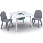Delta Children Finn table top view in white and grey with storage.