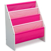 Delta Children Sling Rack Bookshelf with four fabric pockets keeps books organized and accessible.