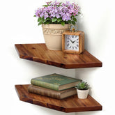 Demigo corner shelf wall mount set shows two sturdy acacia shelves for space-saving storage.