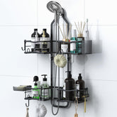 Depecal shower caddy over head installation demonstrates tool-free setup.